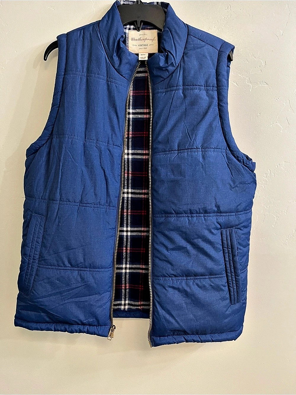 Original Weatherproof Vintage Plaid Lined Puffer Vest in Blue Size Medium